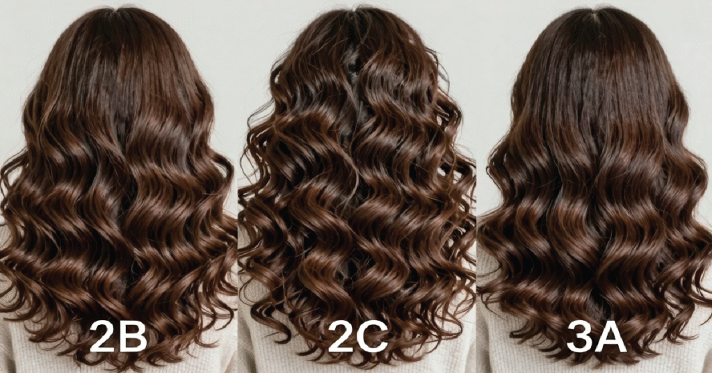 2C hair pattern with strong S-shaped waves compared to 2B and 3A hair types