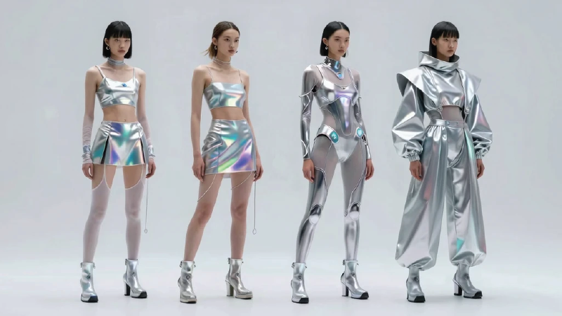 Y3K fashion futuristic silver outfits showcasing year 3000 inspired cybercore aesthetic
