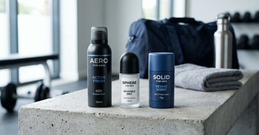 A collection of different types of men's deodorants including spray, roll-on, and stick on a modern surface.