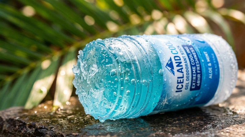 Close-up of a cooling gel deodorant stick covered in water droplets to represent freshness.