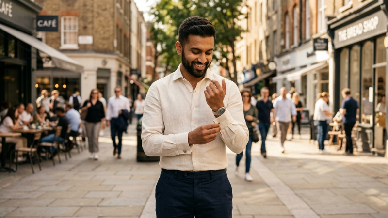 A confident and fresh-looking South Asian man wearing a clean shirt on a warm day.