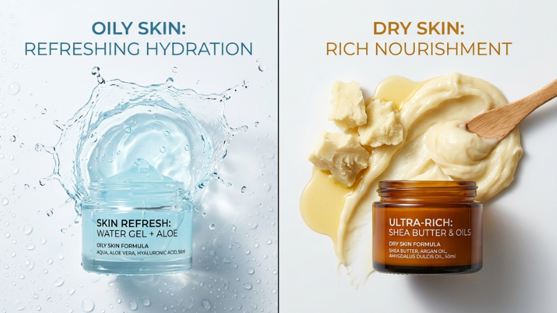 Different types of face moisturizers for dry and oily skin.