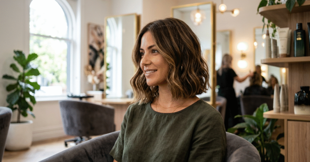 Modern wavy bob haircut with warm brunette highlights.