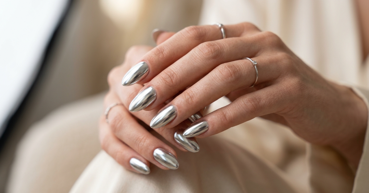 Classic silver mirror-finish chrome nails for 2026.