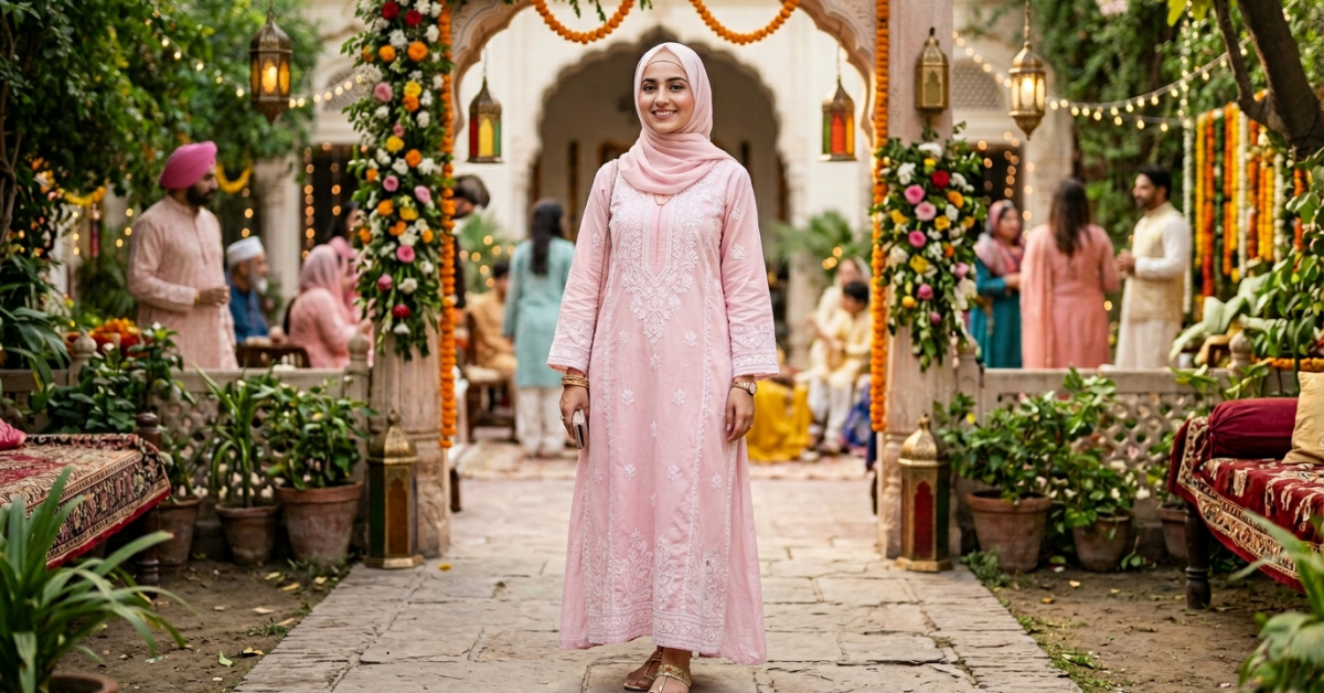 Simple cotton chikankari abaya for Eid in pastel pink summer style