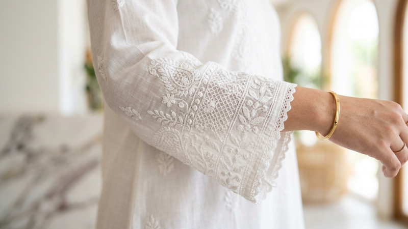 Chikankari embroidery detail on cotton abaya sleeve