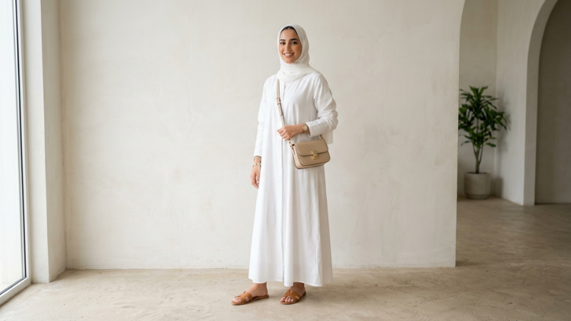 Simple white cotton abaya styled with hijab for Eid look