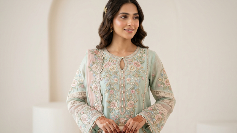 Lawn frock design for Eid 2026 featuring soft embroidery and pastel floral patterns
