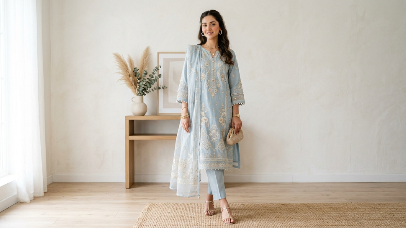 Styled Breeze-friendly lawn suit with accessories and summer footwear for Eid celebration look 2026