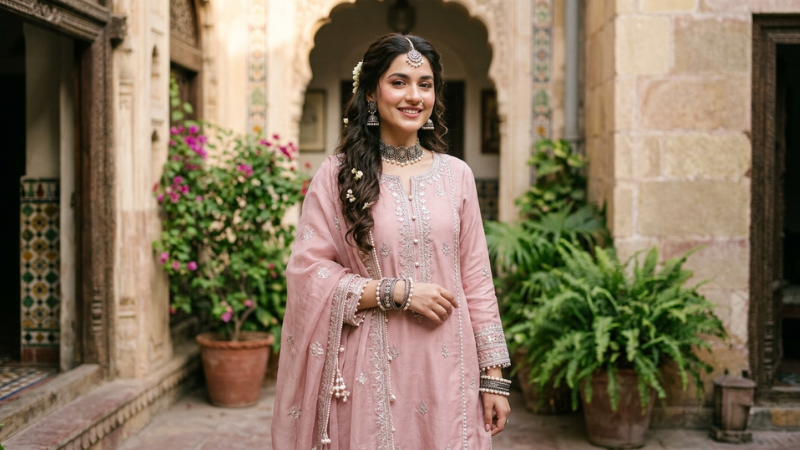 Minimalist oxidized jewelry styled with Eid outfit in Pakistan modern fashion