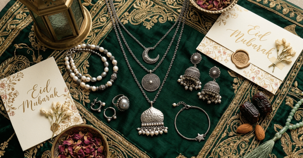 Oxidized jewelry set with pearls and silver chains for Eid styling