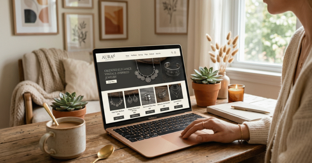 A laptop screen showing jewelry shopping website with oxidized jewelry products, soft feminine workspace aesthetic