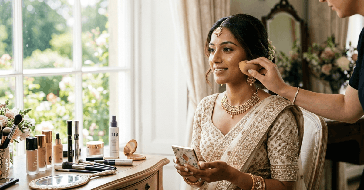 Bridal makeup preparation with waterproof foundation and professional beauty products on summer wedding day