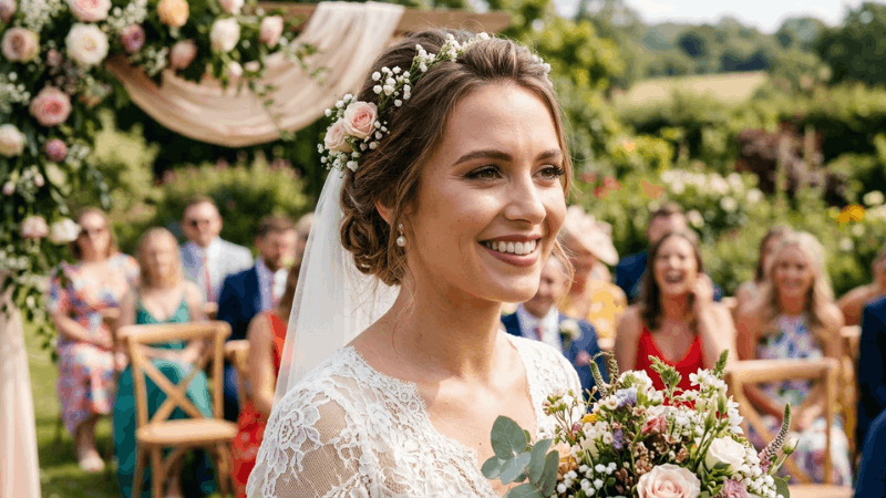 Bride wearing waterproof mascara and foundation during outdoor summer wedding without makeup smudging