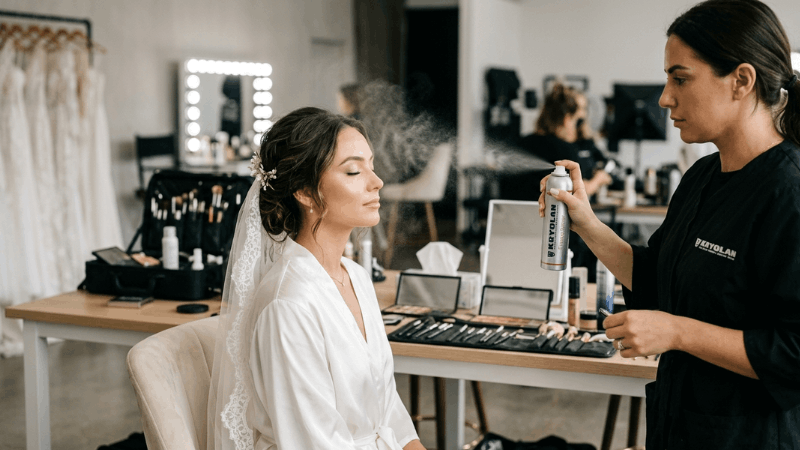 Makeup artist applying Kryolan Fixing Spray to lock waterproof bridal makeup in place