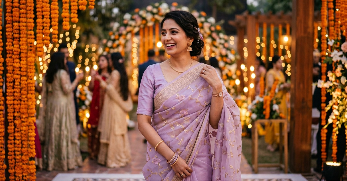 Pastel Organza Saree Draping Styles 2026 for Wedding in Lavender Color
