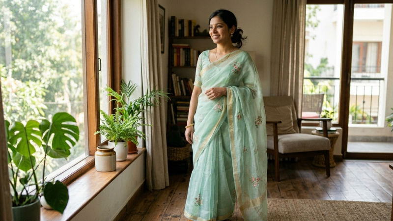 Pastel Organza Saree Draping Styles 2026 Simple Everyday Look in Mint Green