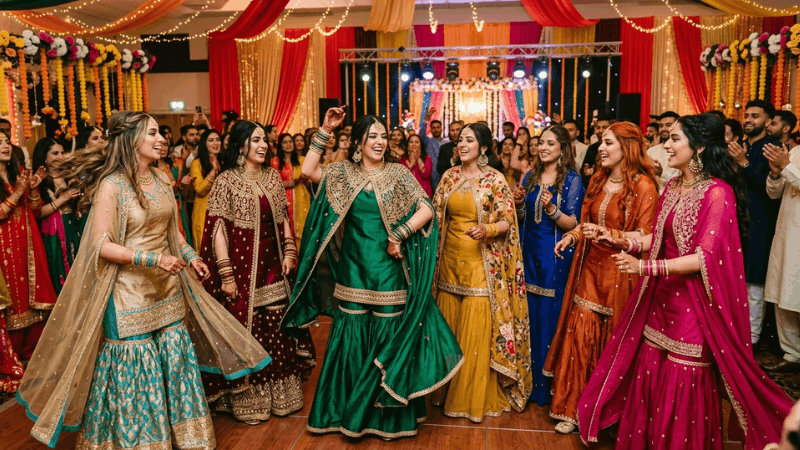 Sisters wearing modern lightweight mehndi outfits at wedding celebration