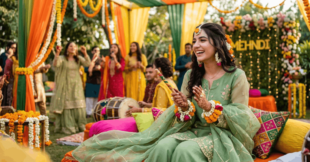 Bride sister wearing lightweight mehndi outfit in green organza at outdoor mehndi event